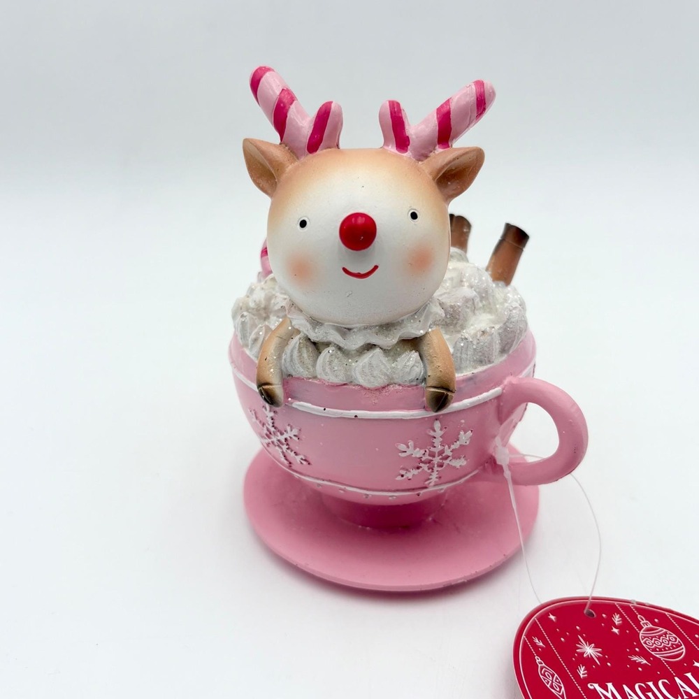 Christmas Pink Tea Cup Reindeer Whimsy Figurine Holiday Decor Magical Season